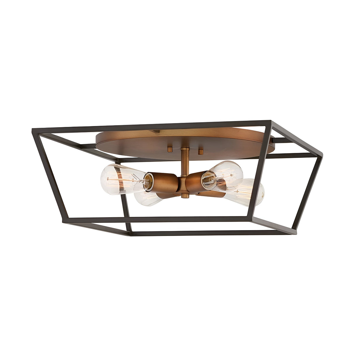 Introducing the Fulton 4 Light Flush - Bronze & Brass, a modern light fixture with an open metal frame in a geometric shape that showcases a sleek industrial aesthetic. It features four exposed bulbs mounted on an internal Bronze & Brass structure, offering a contemporary design that exudes style and functionality.