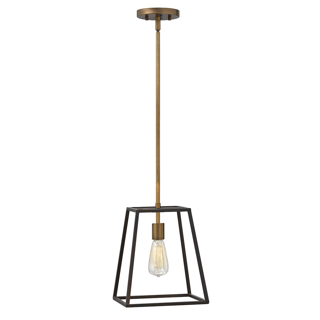 The Fulton 1 Light Pendant - Bronze & Brass is a contemporary pendant light with a vintage industrial design, showcasing a geometric black frame and an exposed bulb, suspended from a brass-hued rod attached to a circular ceiling mount.