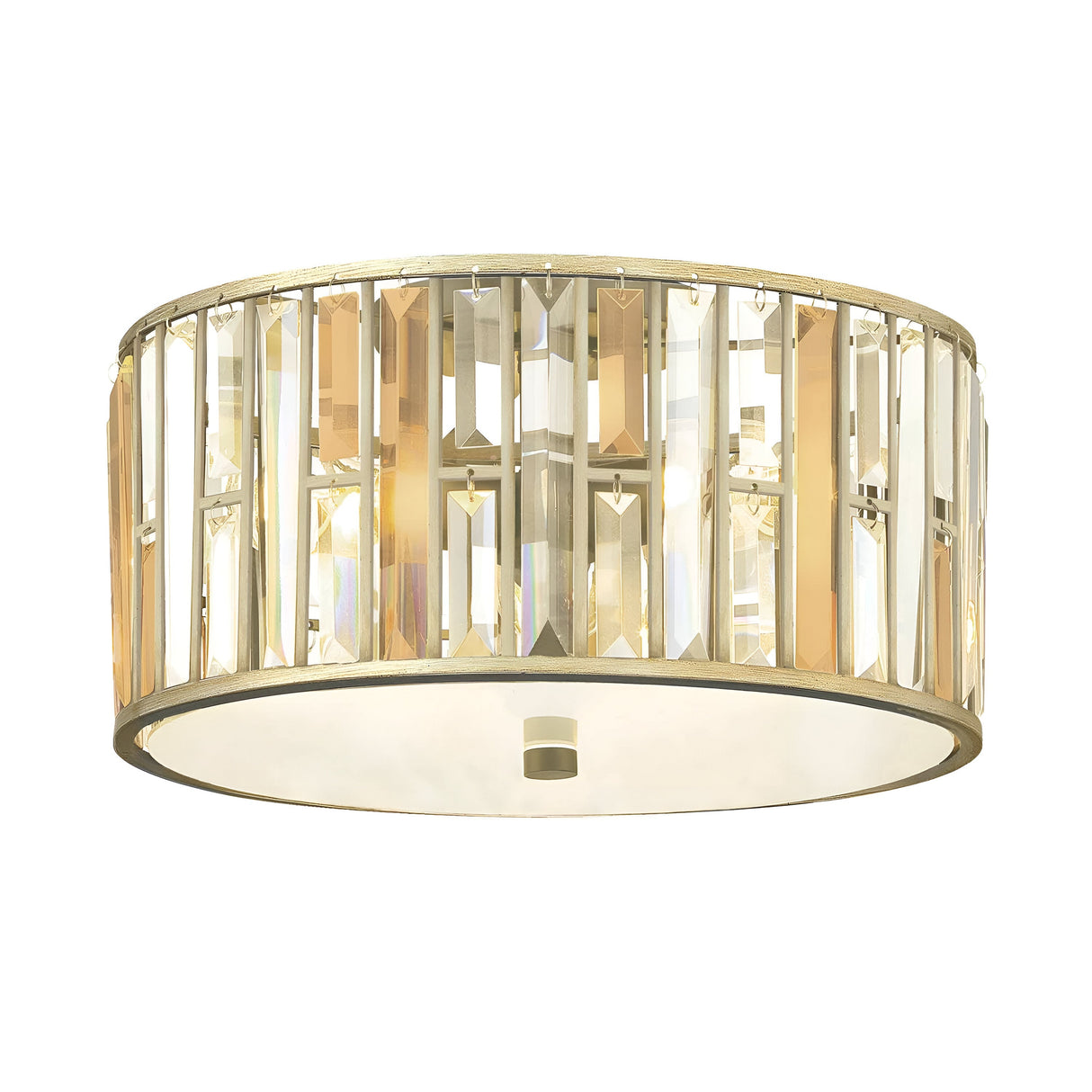 Introducing the Gemma 3 Light Flush - Gold, a round ceiling fixture featuring a gold frame and vertical crystal prisms. Its frosted glass base casts a warm glow, offering a perfect blend of modern elegance suitable for upscale interiors.