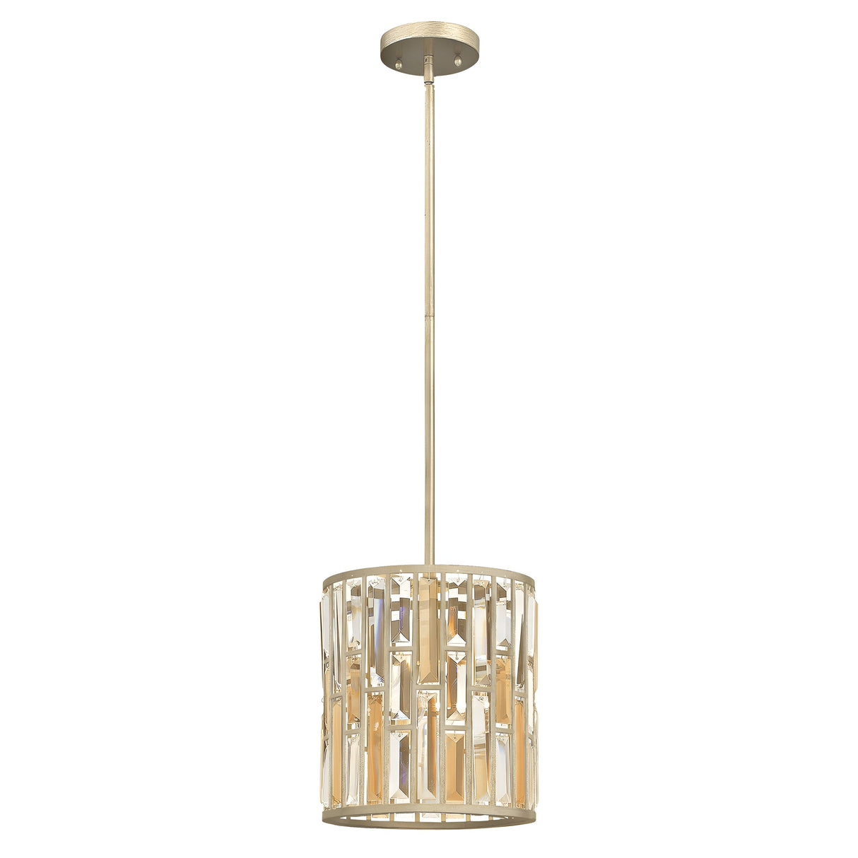 The Gemma 1 Light Mini Pendant - Gold features a cylindrical metal frame adorned with vertical rectangular cutouts and finished in a luxurious gold hue. Inside, crystal prisms gently diffuse the light from small bulbs, creating a warm ambiance. It is stylishly suspended from a slender rod connected to a circular ceiling mount.