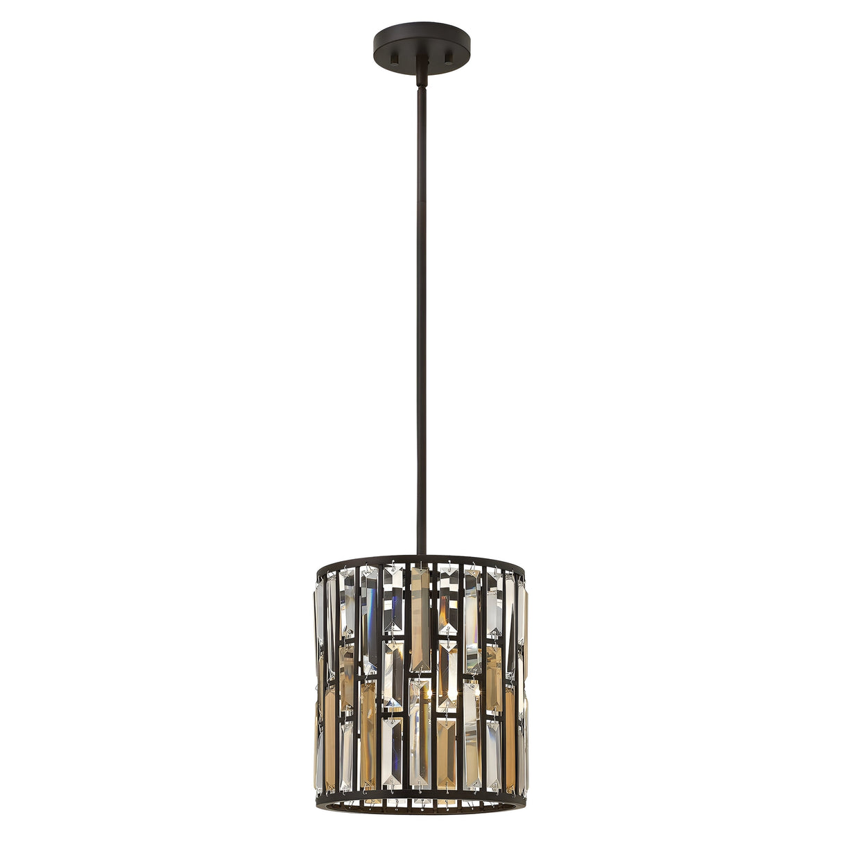 The Gemma 1 Light Mini Pendant - Vintage Bronze features a contemporary design with a cylindrical shade crafted from vertical, rectangular crystal prisms. It hangs elegantly from a vintage bronze rod and ceiling mount, casting a warm glow through the crystals.
