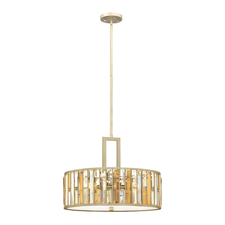 The Gemma 3 Light Chandelier - Gold is a contemporary pendant light fixture with a cylindrical design that showcases vertical metal bars and an inner frosted glass diffuser. This sophisticated crystal chandelier hangs from a coordinating gold rod, enhancing any room with its elegance.