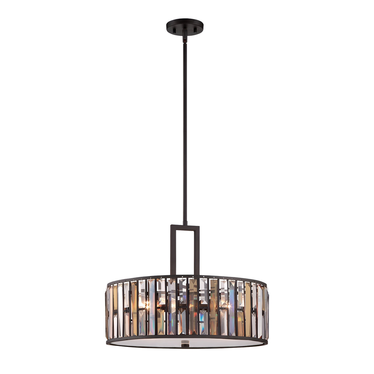 The Gemma 3 Light Chandelier in Vintage Bronze showcases a contemporary style with a black metal frame and circular design. Vertical glass panels encase the bulbs, adding an elegant touch as it hangs from the ceiling on a rod.