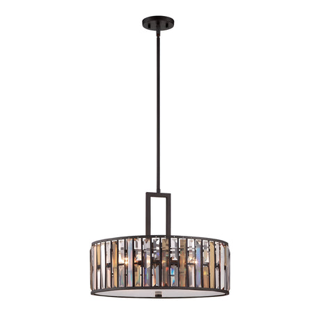 The Gemma 3 Light Chandelier in Vintage Bronze showcases a contemporary style with a black metal frame and circular design. Vertical glass panels encase the bulbs, adding an elegant touch as it hangs from the ceiling on a rod.