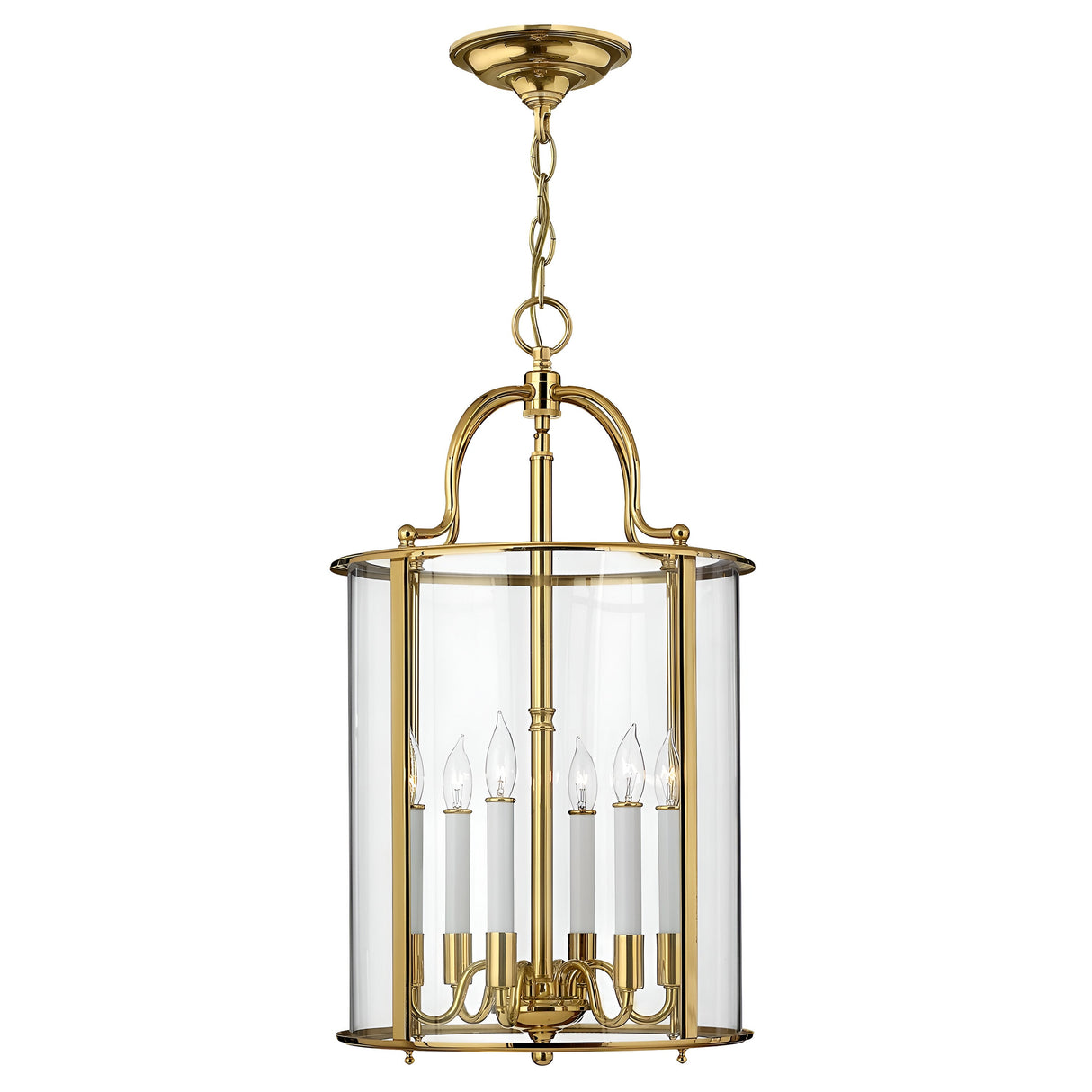 The Gentry 6 Light Large Pendant in polished brass features a traditional design, showcasing clear bent glass within its cylindrical casing. It includes six candle-shaped light fixtures and a decorative chain for hanging.