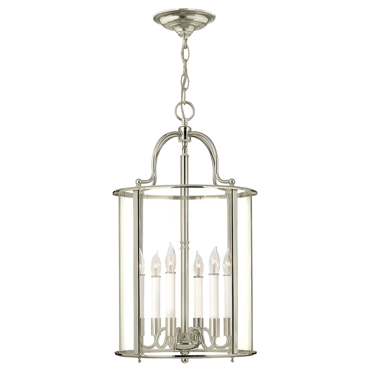 The Gentry 6 Light Large Pendant - Polished Nickel is a modern chandelier featuring clear bent glass panels. Its sleek design, complete with six candle-style bulbs elegantly suspended from a chain, adds a touch of sophistication to dining or living spaces.