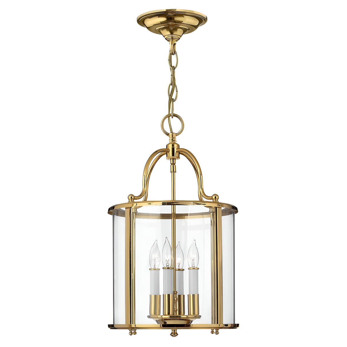 The Gentry 4 Light Medium Pendant in polished brass showcases a timeless design with clear bent glass panels that enclose four candle-shaped bulbs, delivering an elegant and classic aesthetic.