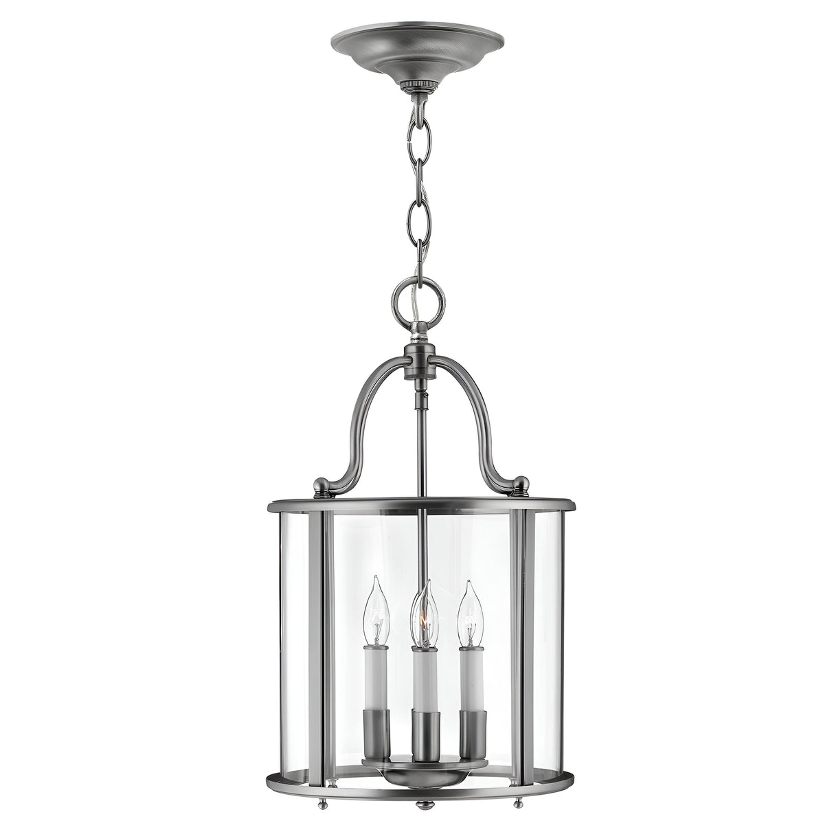 The Gentry 4 Light Medium Pendant - Silver features a brushed metal finish and clear bent glass panels. Inside, four candle-style sockets hold clear bulbs, all elegantly encased. Suspended by a chain, this sophisticated silver pendant showcases a gracefully curved design that exudes timeless elegance.