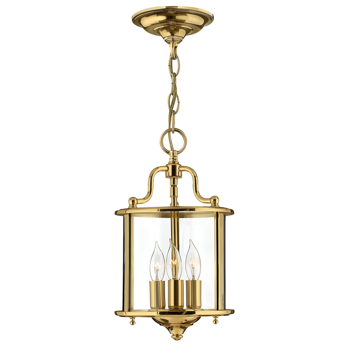 The Gentry 3 Light Small Pendant in polished brass showcases a chain attachment and three candle-shaped light bulbs encased in clear glass. This elegant and classic design embodies traditional lighting style, making it ideal for enhancing any classic interior.
