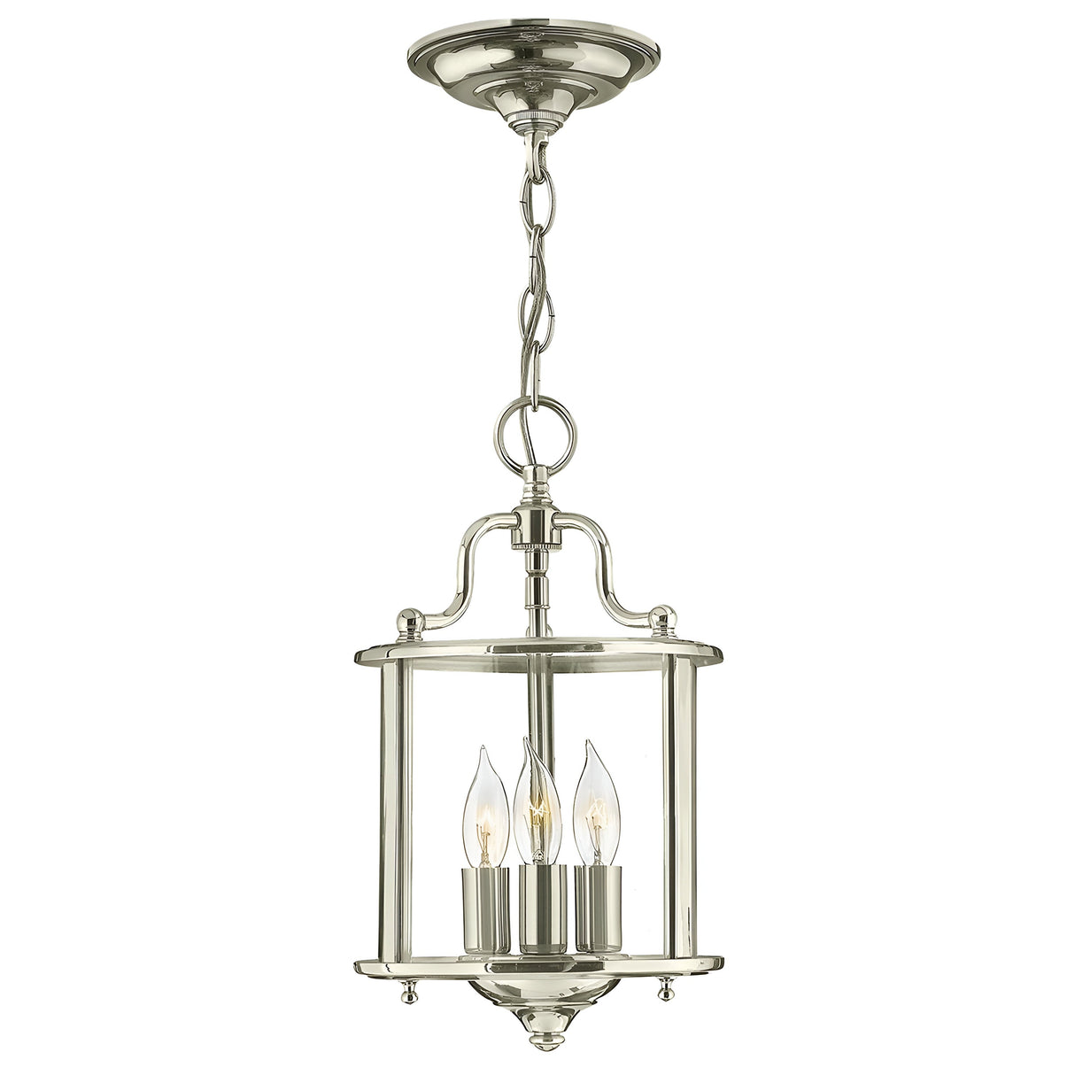 The Gentry 3 Light Small Pendant in polished nickel showcases a classic lantern design with three candle-shaped bulbs enclosed within clear bent glass, all suspended from a decorative chain.