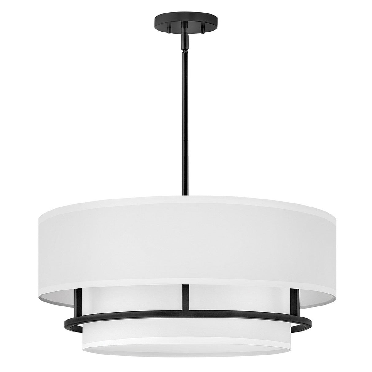 The Graham 4 Light Duo-Mount Pendant/Semi-Flush - Black encapsulates classic charm with its circular white shade, black metal frame, and central rod. It hangs elegantly from a sleek Black Duo Mount ceiling fixture, offering a minimalistic design that exudes contemporary sophistication.