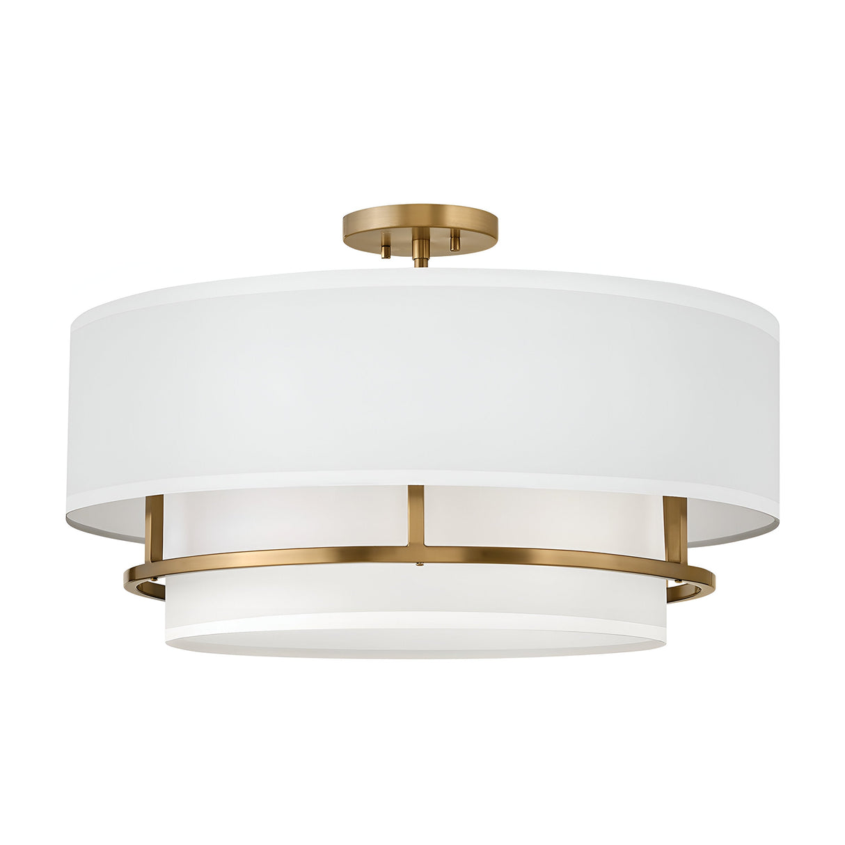 This contemporary ceiling fixture, the Graham 4 Light Duo-Mount Pendant/Semi-Flush in Lacquered Brass, boasts a cylindrical white fabric shade and striking lacquered brass accents. Its design highlights two overlapping rings, offering a semi-flush mount that enhances any room with its elegant appearance.