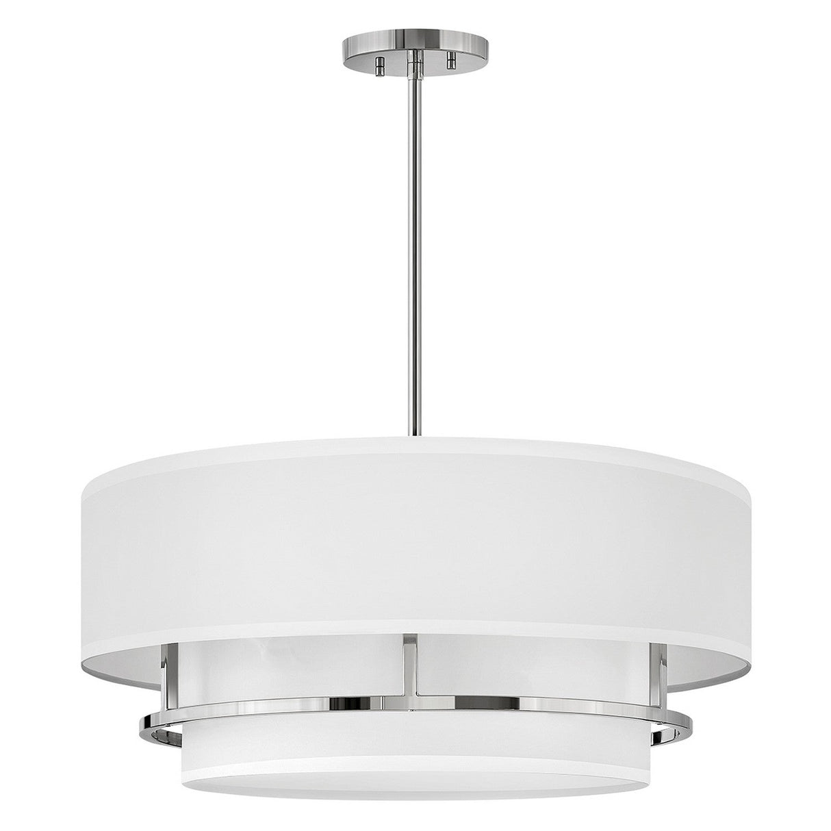 The Graham 4 Light Duo-Mount Pendant/Semi-Flush in Polished Nickel features a sleek modern design with a large white drum shade and polished nickel accents. It hangs from a metal rod, blending contemporary and minimalist styles, and offers dual-mount capability.