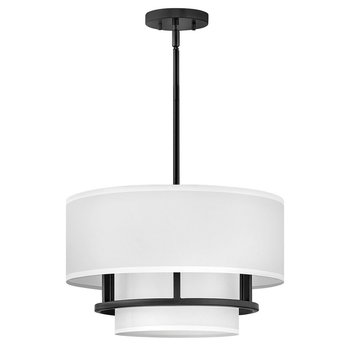 Presenting the Graham 3 Light Duo-Mount Pendant/Semi-Flush - Black, this stylish fixture features a welded black frame complemented by a dual-layered drum shade. The outer white fabric is elegantly combined with an inner luminous faux parchment for a polished, contemporary look, all hanging from an adjustable black rod.
