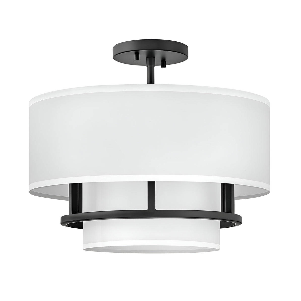 Introducing the Graham 3 Light Duo-Mount Pendant/Semi-Flush in Black, a contemporary ceiling light fixture with a sleek design. It features a black welded frame and two concentric cylindrical white fabric shades for a modern look.