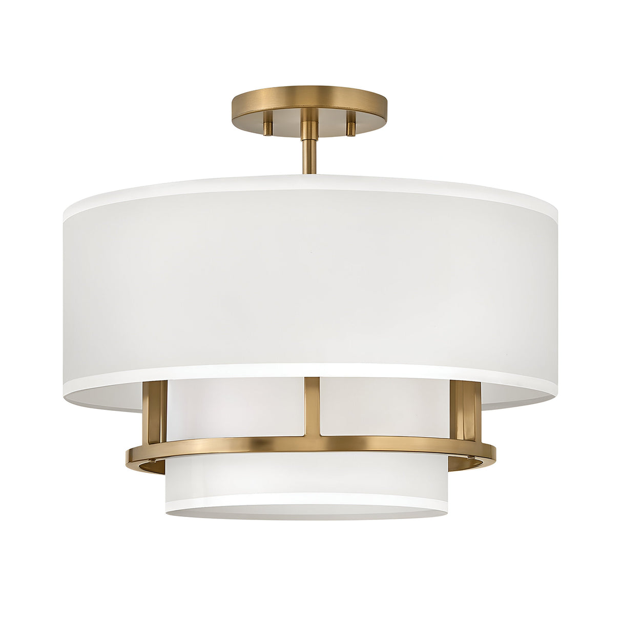 The Graham 3 Light Duo-Mount Pendant/Semi-Flush - Lacquered Brass is a modern ceiling fixture featuring a cylindrical white fabric shade complemented by lacquered brass accents and a brass ceiling mount. Its sophisticated design combines contemporary aesthetics with dual-mount capability, offering versatile installation options.