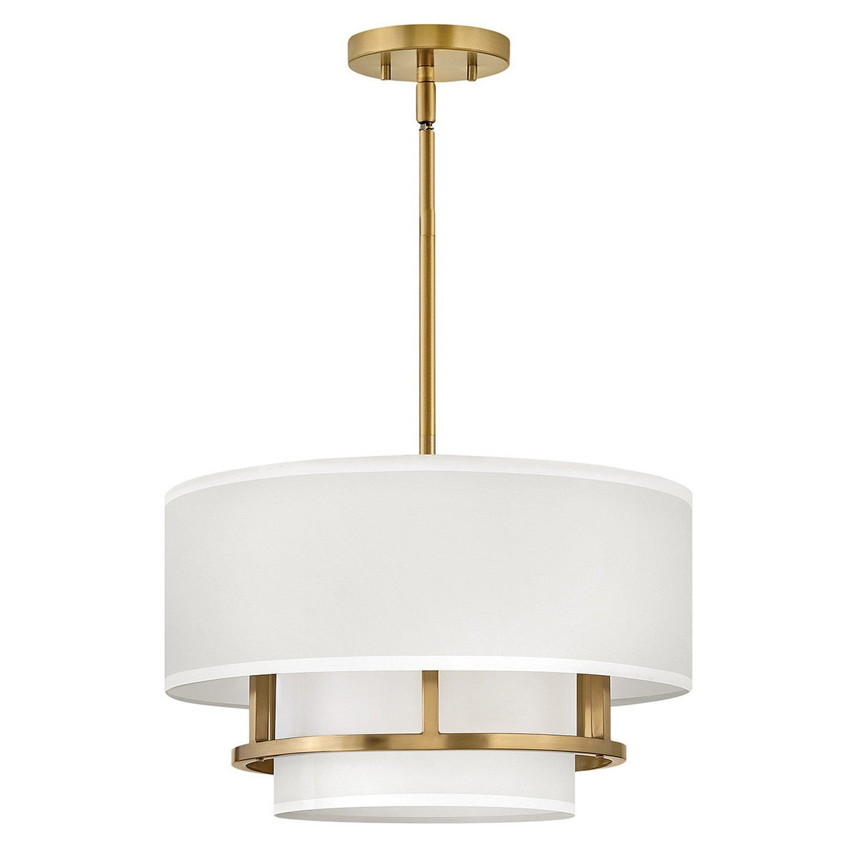 The Graham 3 Light Duo-Mount Pendant/Semi-Flush in Lacquered Brass is a contemporary lighting fixture with a white drum-shaped shade and elegant brass accents. It features a versatile mounting design, hanging from a brass rod and offering both pendant and semi-flush options, while its layered structure highlights modern aesthetics combined with refined metallic touches.