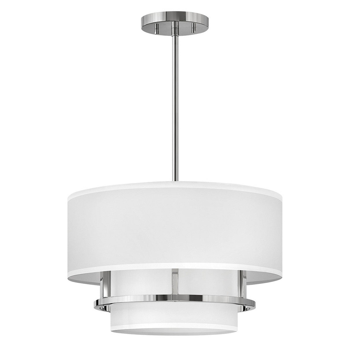 Introducing the Graham 3 Light Duo-Mount Pendant/Semi-Flush in polished nickel, featuring a sleek silver finish and a white drum-shaped shade. This modern light fixture boasts a layered design with a subtle candle-like appearance and is suspended from a straight rod connected to a circular ceiling mount.
