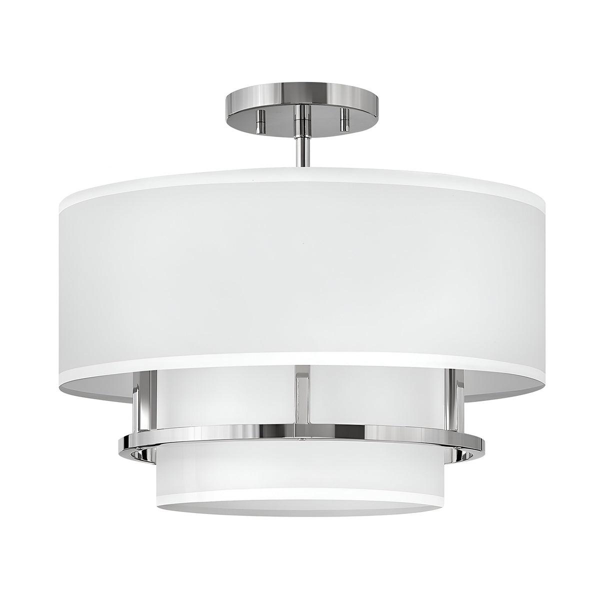 The Graham 3 Light Duo-Mount Pendant/Semi-Flush in Polished Nickel is a modern fixture featuring a cylindrical white drum shade. It includes polished nickel metal accents and hardware for a sleek, contemporary look and is suspended from a round ceiling mount.