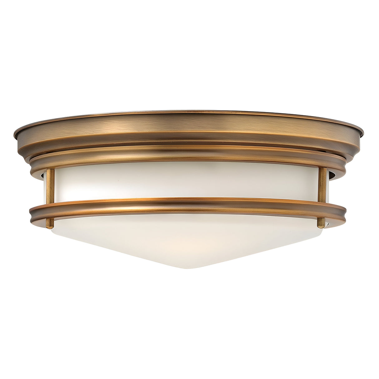 The Hadley 3 Light Flush - Brushed Bronze ceiling fixture features a frosted glass shade with circular metal bands. Its slightly tapered silhouette and vintage-inspired lighting design lend a classic touch that enhances various interiors beautifully.