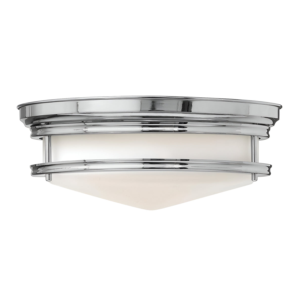 The Hadley 3 Light Flush - Chrome is a contemporary ceiling light fixture featuring a circular chrome frame paired with an etched opal glass shade, showcasing clean lines and a sleek design.