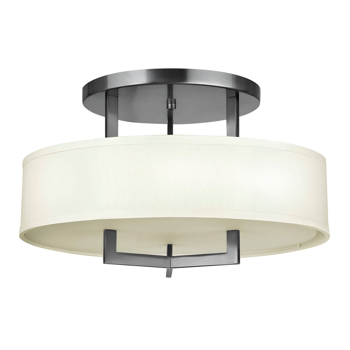 Introducing the Hampton 3 Light Semi Flush - Antique Nickel With Ivory Shade, featuring a modern round linen drum shade and a sleek metallic frame. The design includes dark metal accents with an Antique Nickel finish, offering clean lines and a timeless semi-flush mount perfect for any contemporary space.