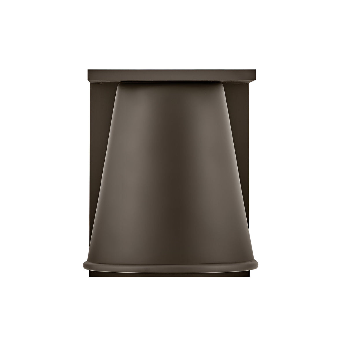 The Coastal 1 Light Small Outdoor Wall Lantern features an architectural bronze finish, weather-resistant design, and a modern downward-facing cone-shaped shade, perfect for outdoor spaces. Set against a white background.
