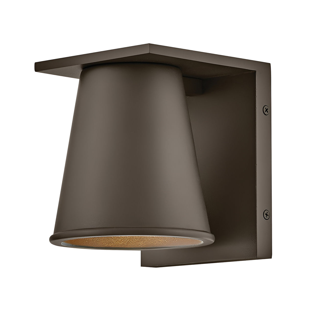 The Coastal 1 Light Small Outdoor Wall Lantern in architectural bronze is a modern, weather-resistant sconce with a matte dark brown finish, rectangular backplate, and downward-facing flared cylindrical shade.