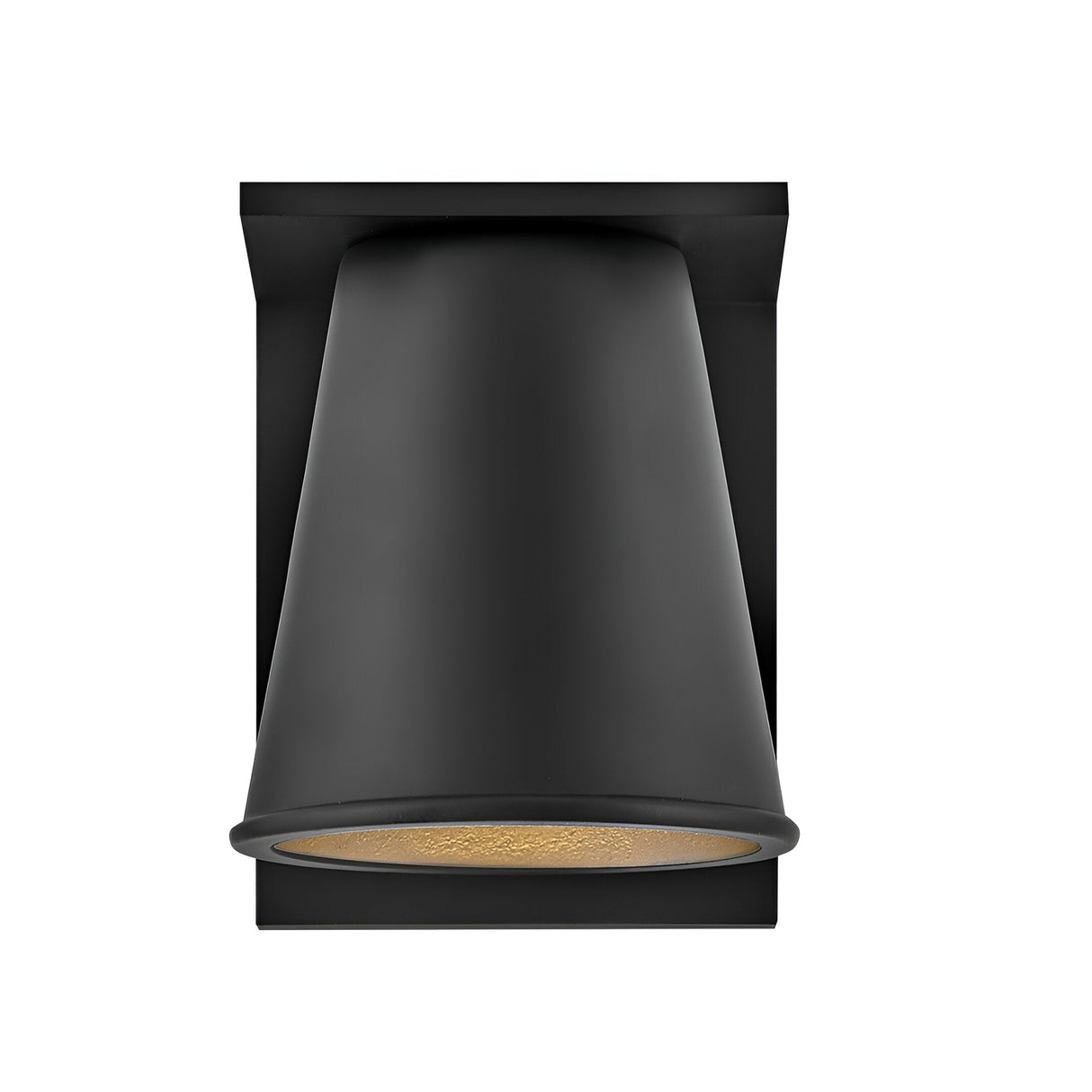 The Coastal 1 Light Small Outdoor Wall Lantern in textured black features a wide conical shade and rectangular backplate, providing sleek modern outdoor lighting for your space.