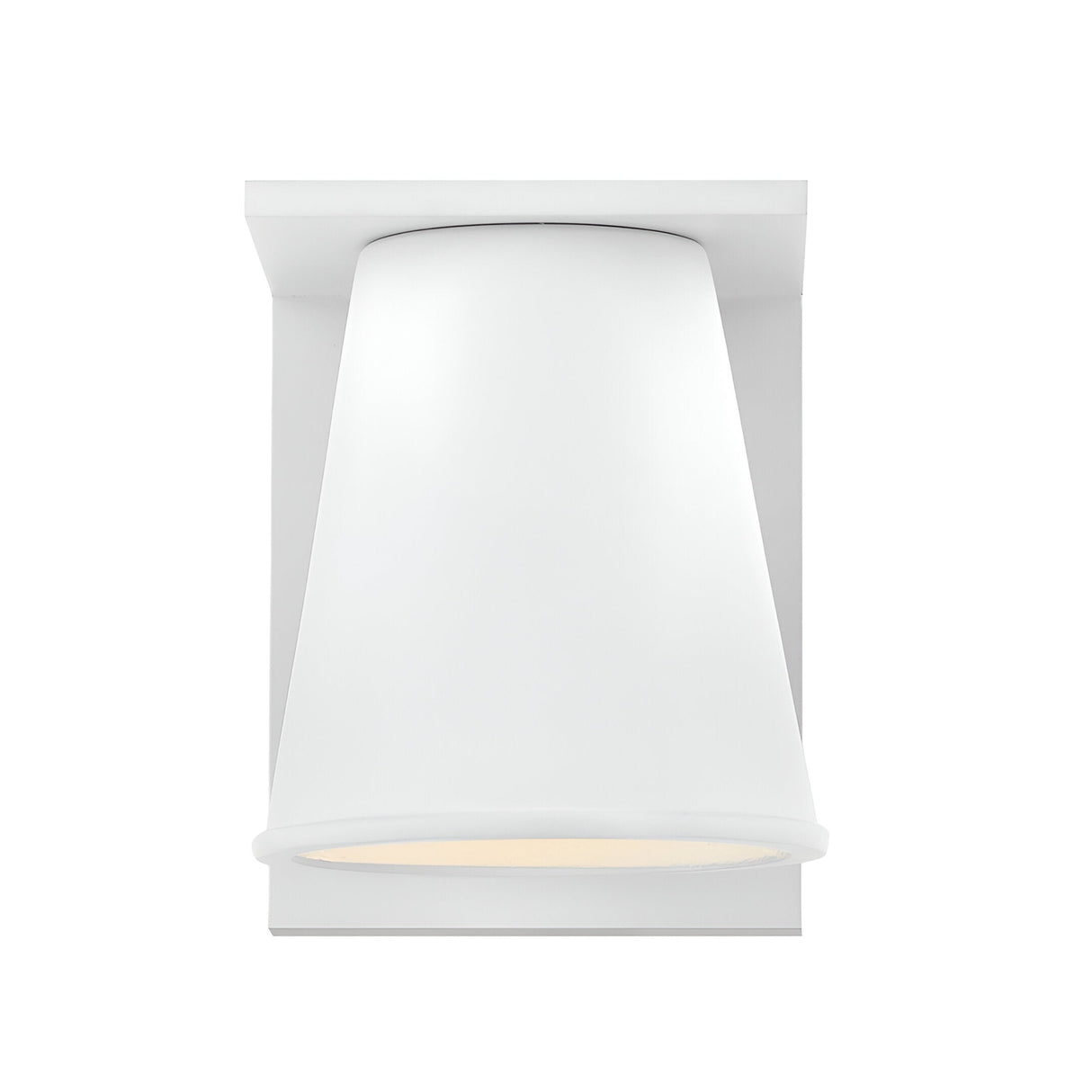 The Coastal 1 Light Small Outdoor Wall Lantern in textured white features a wide, downward-facing conical shade on a rectangular base, inspired by coastal outdoor lighting, and is shown against a plain white background.