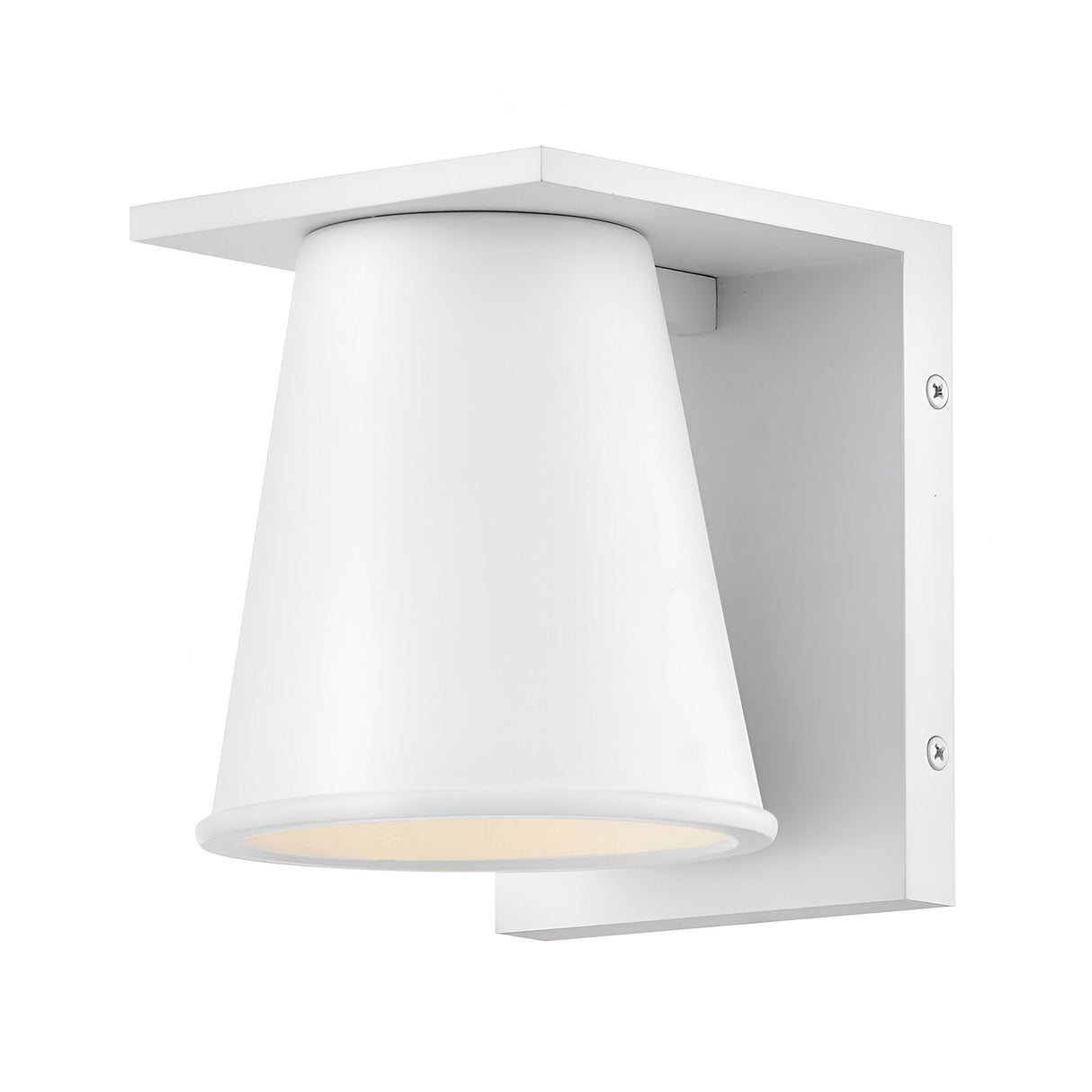 The Coastal 1 Light Small Outdoor Wall Lantern in Textured White features a modern conical shade and flat square mount, blending minimalist design with coastal inspiration for a sleek outdoor lighting solution.