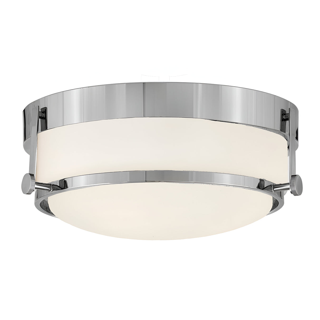 Introducing the Harper 3 Light Flush - Polished Chrome With Opal Etched Glass, featuring a circular design that seamlessly blends opal etched glass with polished chrome accents. Its sleek and elegant style is a perfect addition to contemporary home decor.