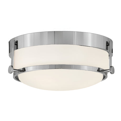 Introducing the Harper 3 Light Flush - Polished Chrome With Opal Etched Glass, featuring a circular design that seamlessly blends opal etched glass with polished chrome accents. Its sleek and elegant style is a perfect addition to contemporary home decor.