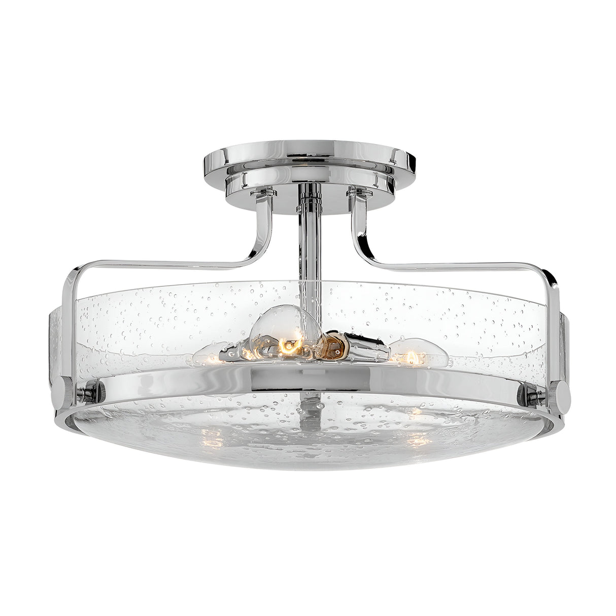 The Harper 3 Light Medium Semi Flush features a polished chrome finish and clear seeded glass shade, complete with a subtle bubble texture. It elegantly houses four exposed bulbs, adding a modern and sophisticated touch to any space.