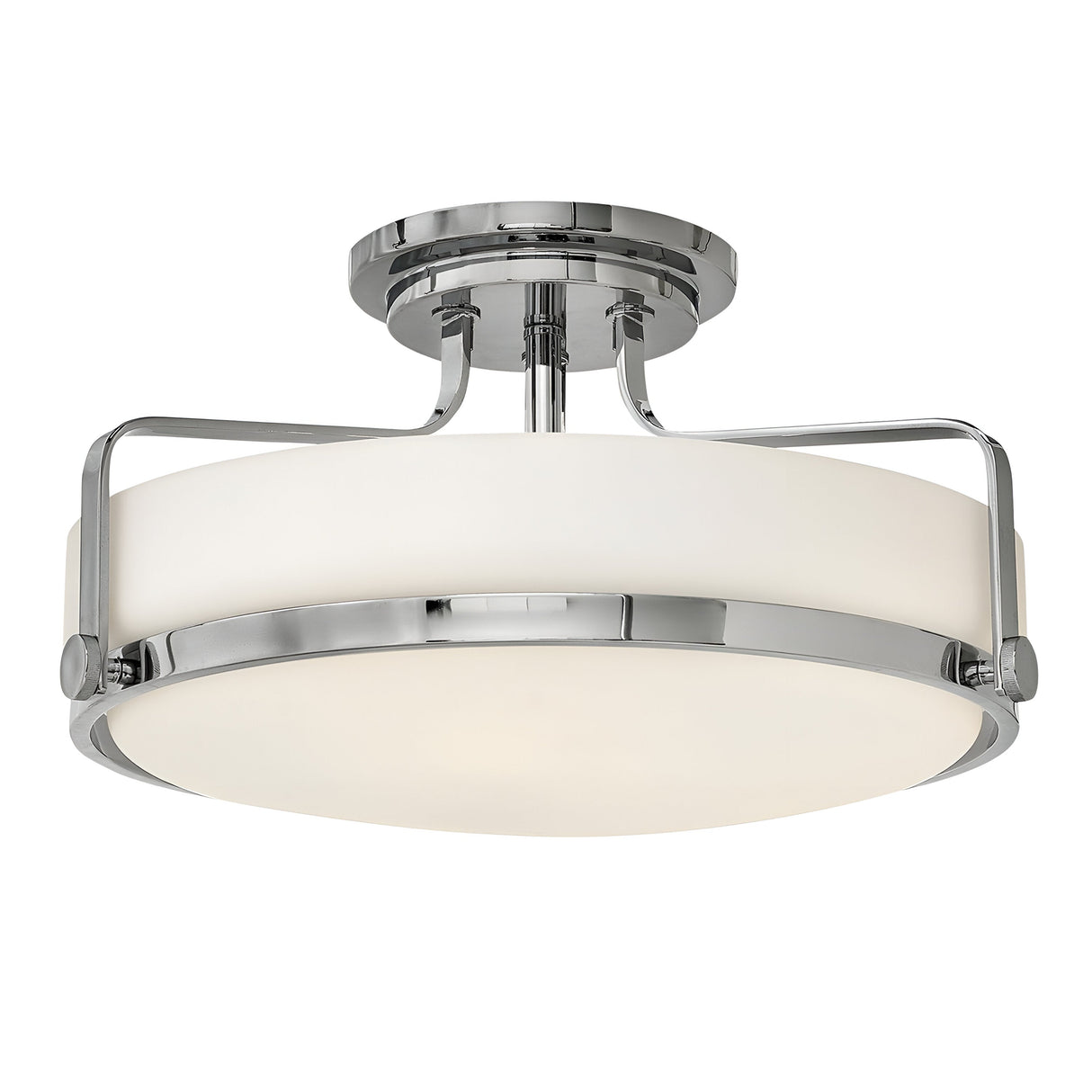 The Harper 3 Light Medium Semi Flush features a contemporary and minimalist design with an opal etched glass shade encased in a sleek polished chrome frame, mounted with a short matching rod.
