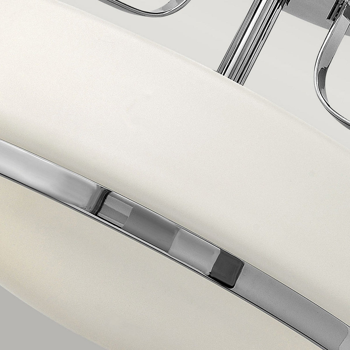 Close-up of the Harper 3 Light Small Semi Flush, featuring a sleek modern design with opal etched glass and polished chrome accents, creating an elegant and contemporary appearance.