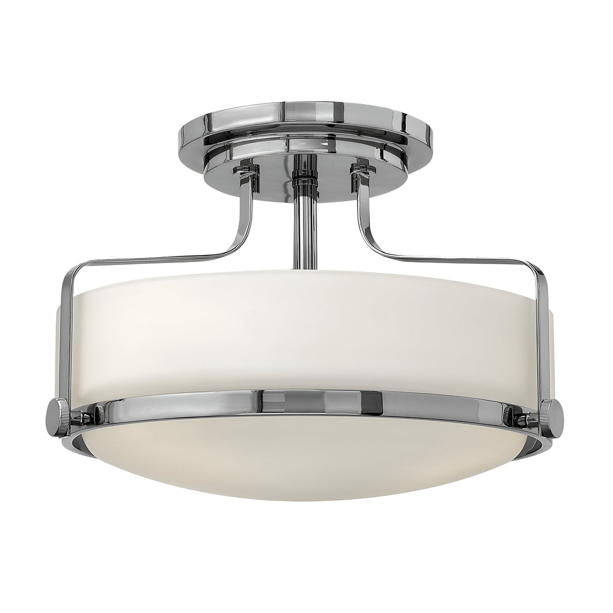 Introducing the Harper 3 Light Small Semi Flush, a contemporary ceiling light fixture with a sleek design. It features a round, opal etched glass shade paired with polished chrome metal supports, offering a smooth and reflective structure perfect for modern interiors.