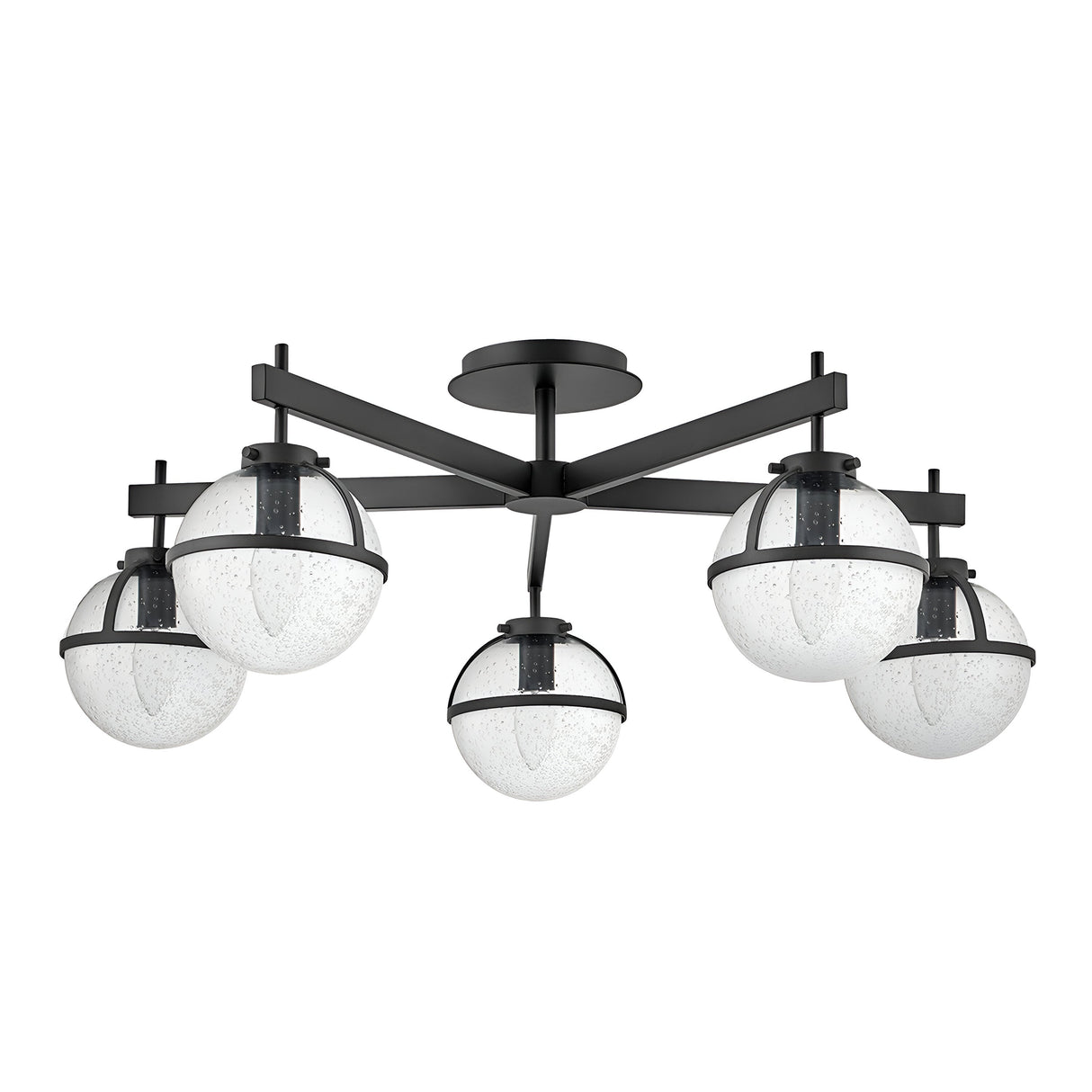 The Hollis 5 Light Semi Flush in black features a striking semi-flush design that embodies Mid-Century Modern Lighting with its five spherical, clear seeded glass shades. These shades are encircled by a sleek black band and arranged in a circular formation, supported by angular black metal arms for a modern aesthetic.