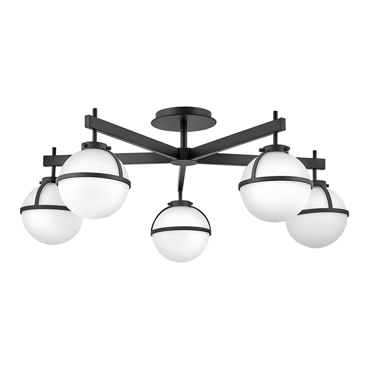 The Hollis 5 Light Semi Flush features a contemporary design with a sleek black finish and five opal etched glass shades arranged in a circular pattern, each encased in a minimalist black band.