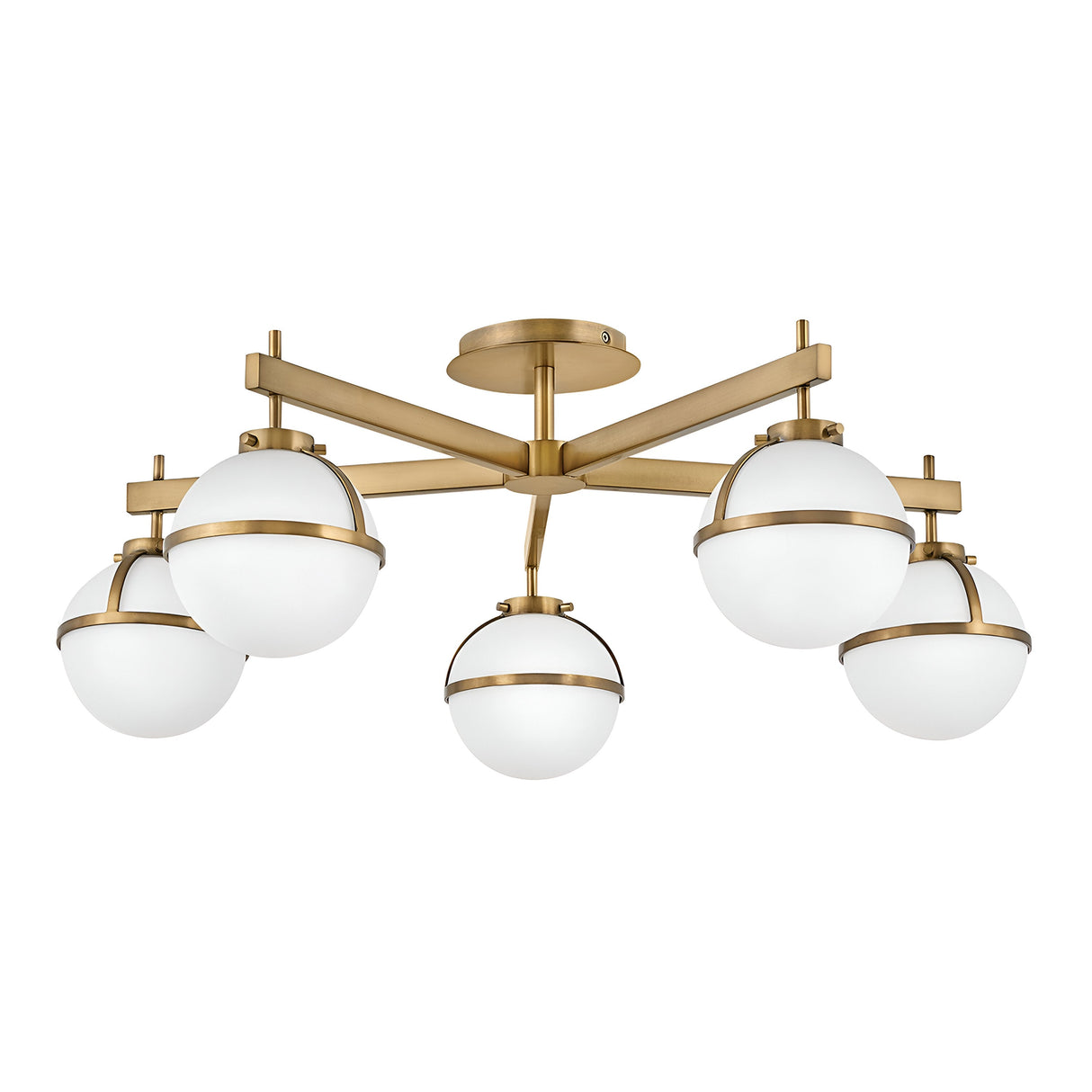 The Hollis 5 Light Semi Flush fixture features a chic design with five opal etched glass globe bulbs, each set in a sophisticated heritage brass frame. Its symmetrical arms radiate from a central hub, delivering a contemporary look accentuated by the sleek opal glass finish of the globes.