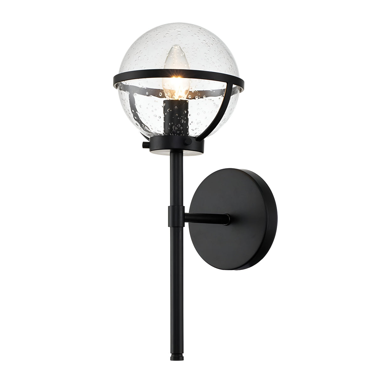 Presenting the Hollis 1 Light Wall Light in Black with Clear Glass, this modern wall sconce elegantly serves as bathroom lighting. It features a black metal base and a clear, globe-shaped glass shade. The textured, bubbly glass surface accentuates the single exposed bulb inside, adding a hint of Art Deco sophistication.