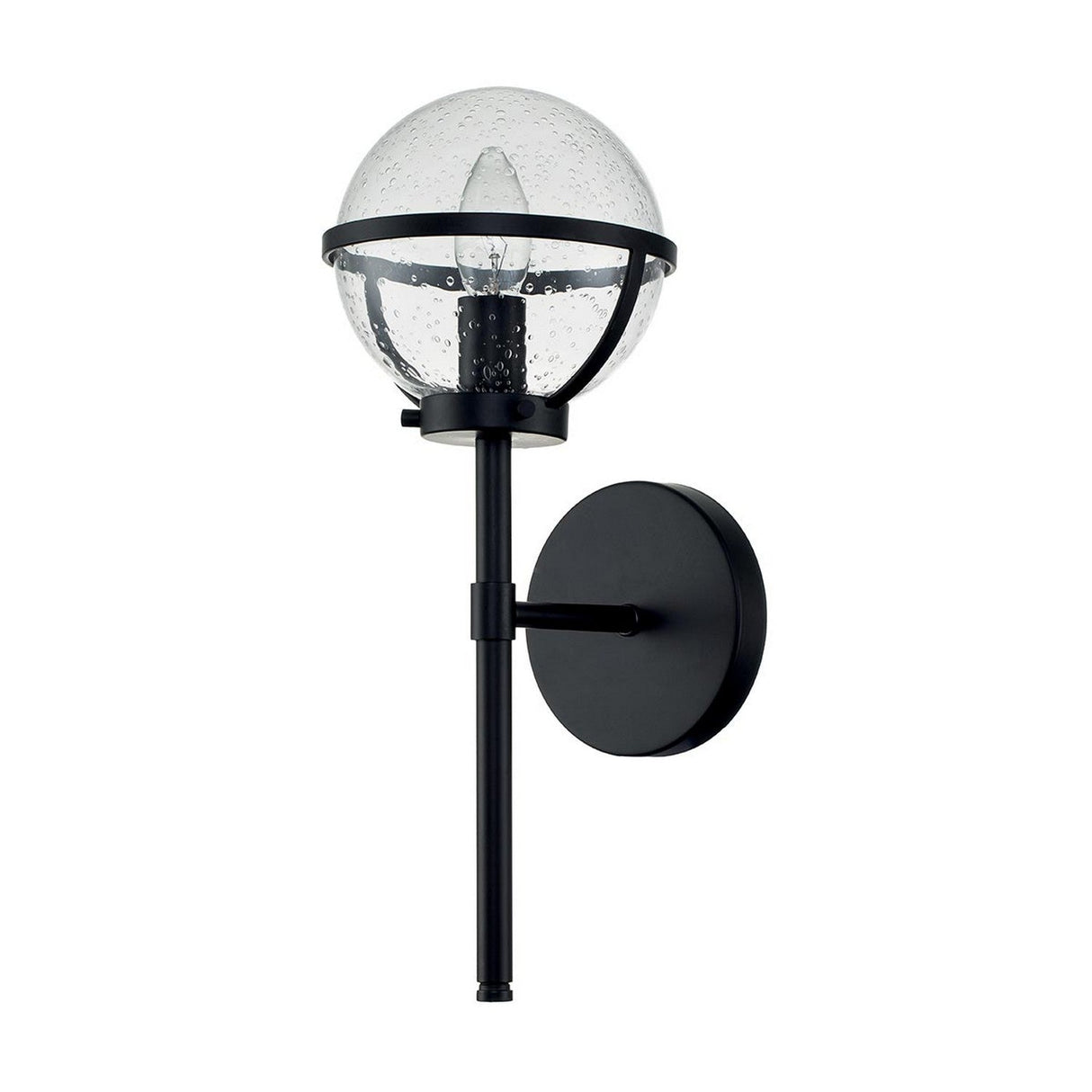 The Hollis 1 Light Wall Light features a sleek black metal frame and a modern Art Deco design, complete with a round, clear glass globe. Its single vertical support and circular mount complement the small bubbles within the globe, making it an ideal choice for stylish bathroom lighting.