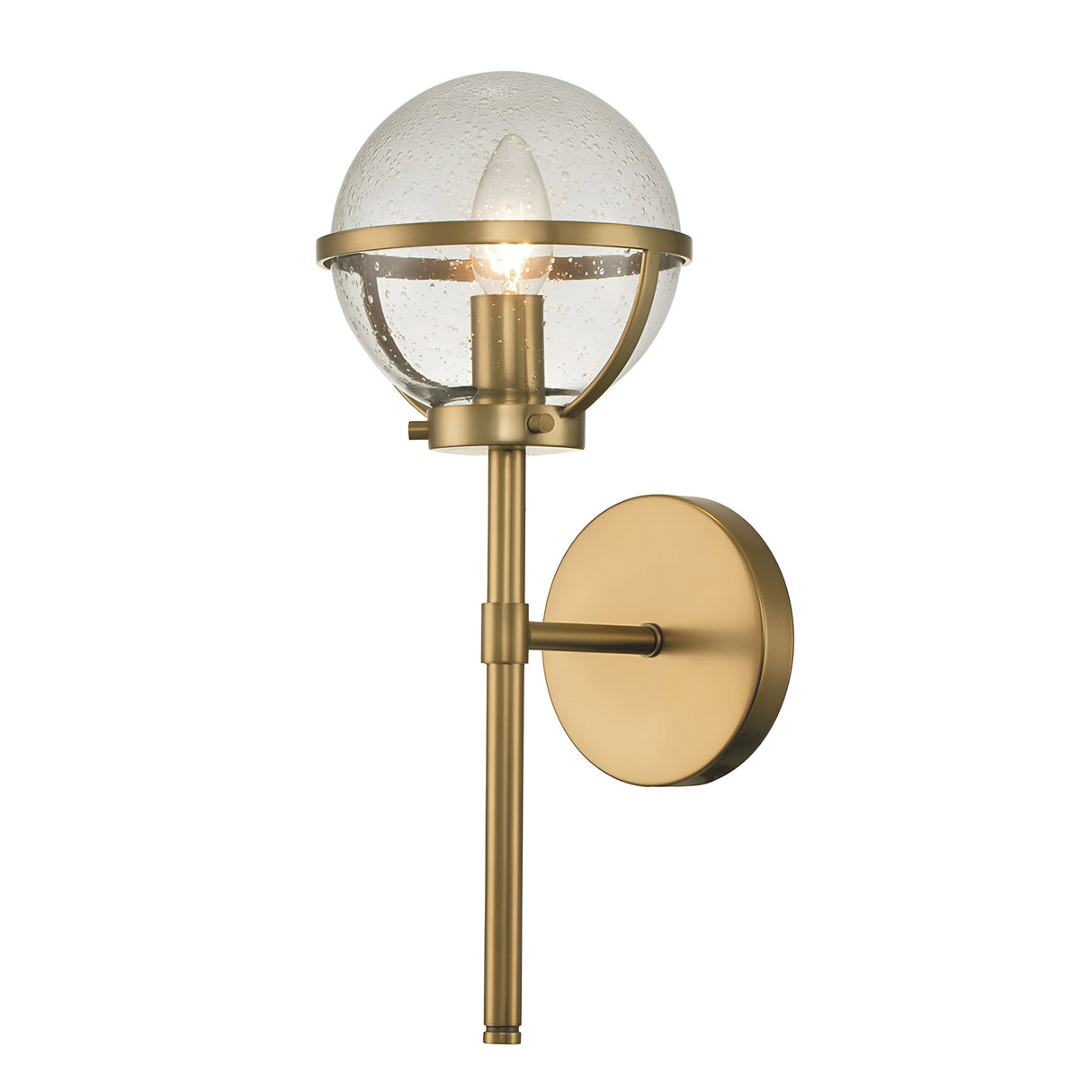 Introducing the Hollis 1 Light Wall Light in Heritage Brass with Clear Glass, a modern wall sconce that exudes Art Deco charm. It showcases a round glass globe adorned with small bubbles, elegantly mounted on a Heritage Brass base with a cylindrical support. The bulb inside casts a warm glow, bringing elegance to any space.