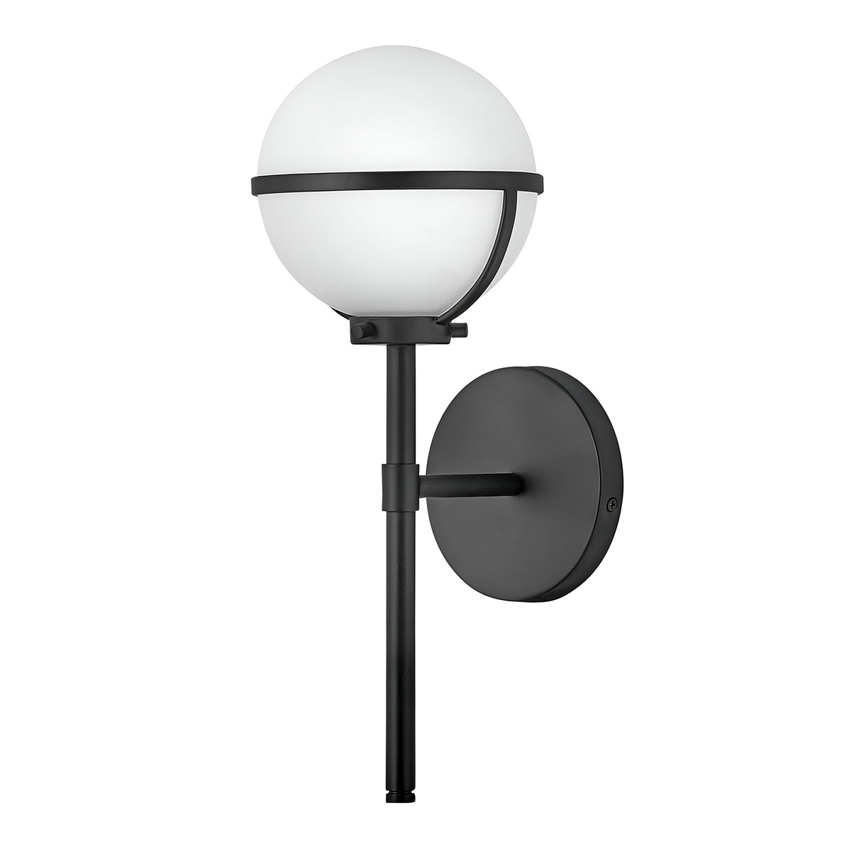 The Hollis 1 Light Wall Light showcases a sleek Art Deco design, featuring a black metal frame and an opal glass globe. The fixture includes a vertical rod that elegantly connects the globe to the circular wall mount.