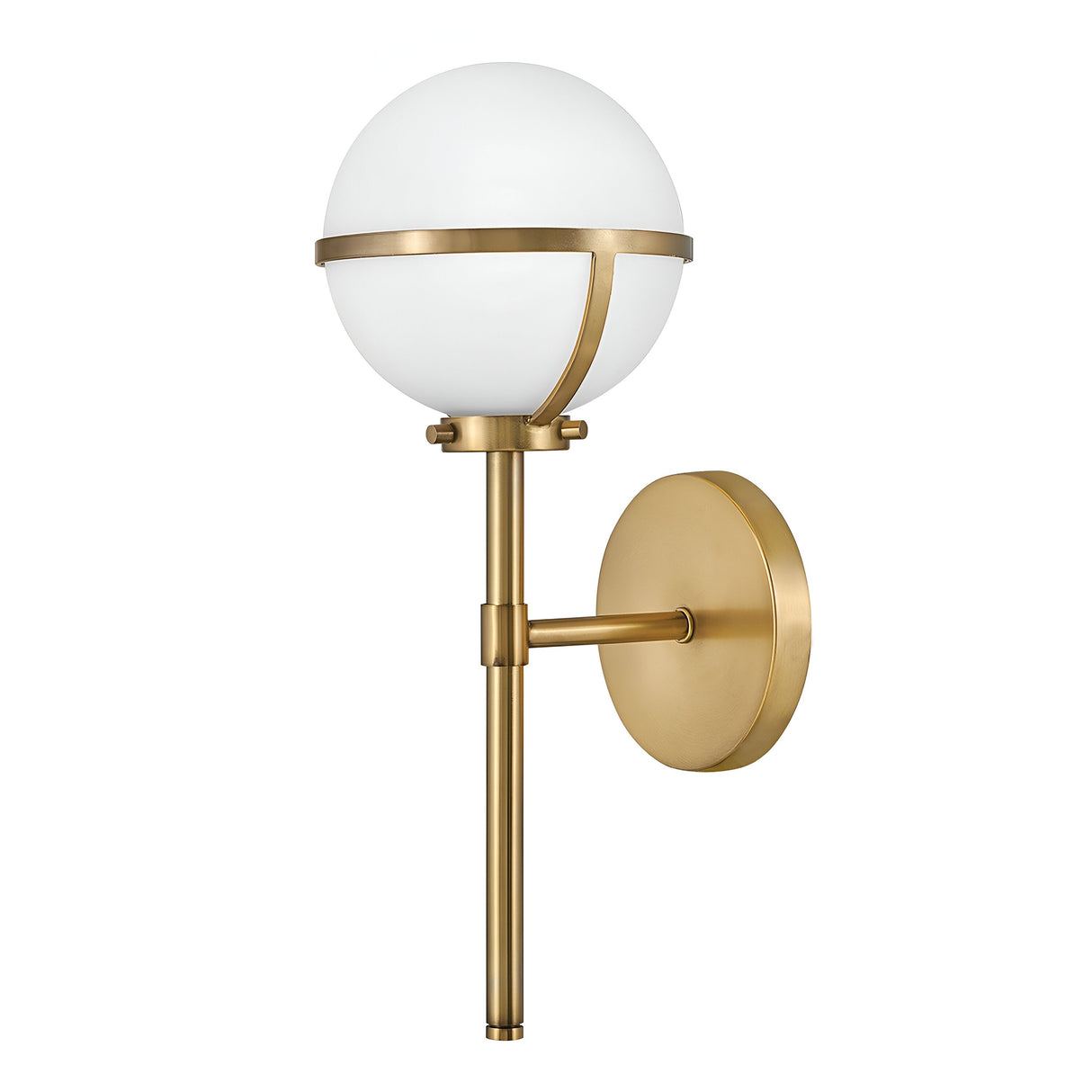 The Hollis 1 Light Wall Light in a Heritage Brass finish showcases an opal glass globe shade affixed to a slender vertical rod connected to a circular wall base. Its sleek and minimalist design brings a touch of elegance to any room.