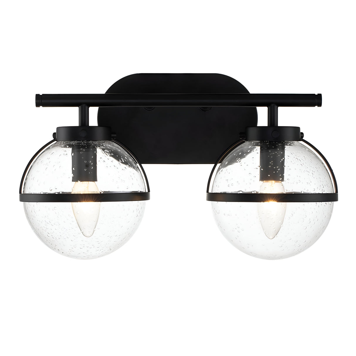 The Hollis 2 Light Wall Light in black features two transparent glass globe shades that expose the bulbs. The speckled glass texture enhances its modern design with Art Deco elements, offering a sleek and stylish appearance.