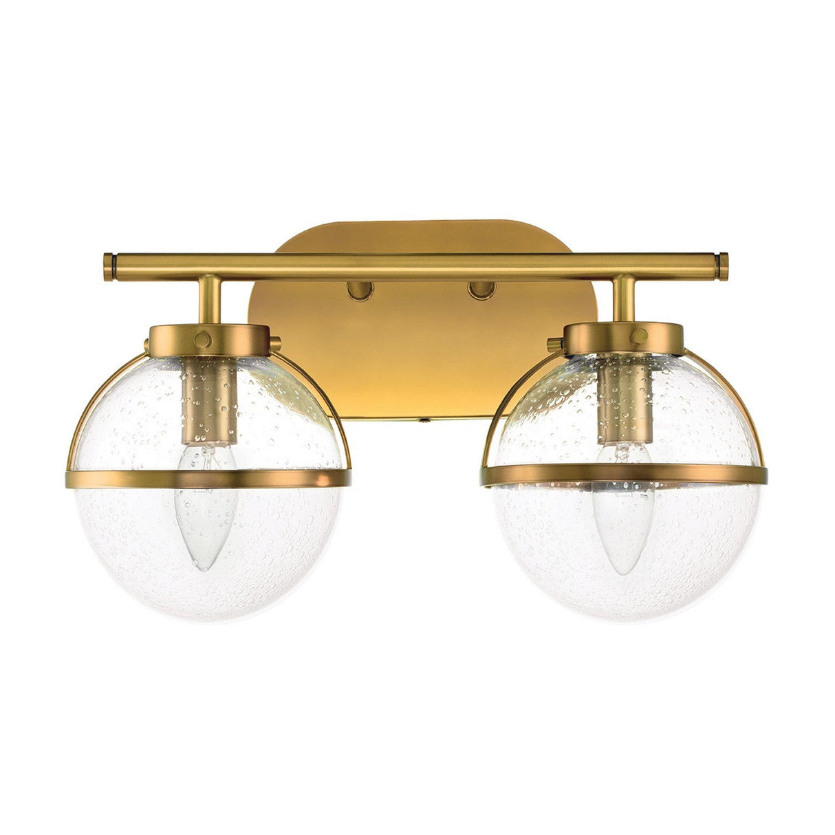 The Hollis 2 Light Wall Light in Heritage Brass with Clear Glass showcases a double light fixture with two spherical glass shades. The clear glass features a subtle bubble-like texture, all elegantly mounted on a rectangular brass plate.