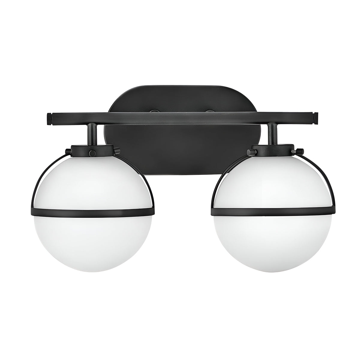 The Hollis 2 Light Wall Light boasts a modern design with two round opal glass globes. Its sleek black finish frame and base lend a contemporary Art Deco appearance.