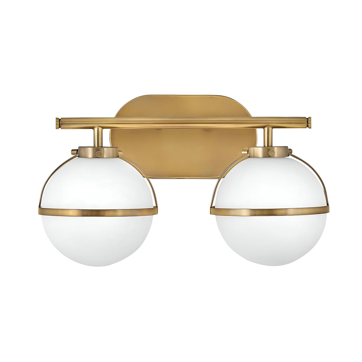 The Hollis 2 Light Wall Light - Heritage Brass With Opal Glass is designed with opal glass shades wrapped in sophisticated brass bands. This wall-mounted fixture showcases a rectangular backplate and a horizontal brass rod, adding timeless charm to any space.