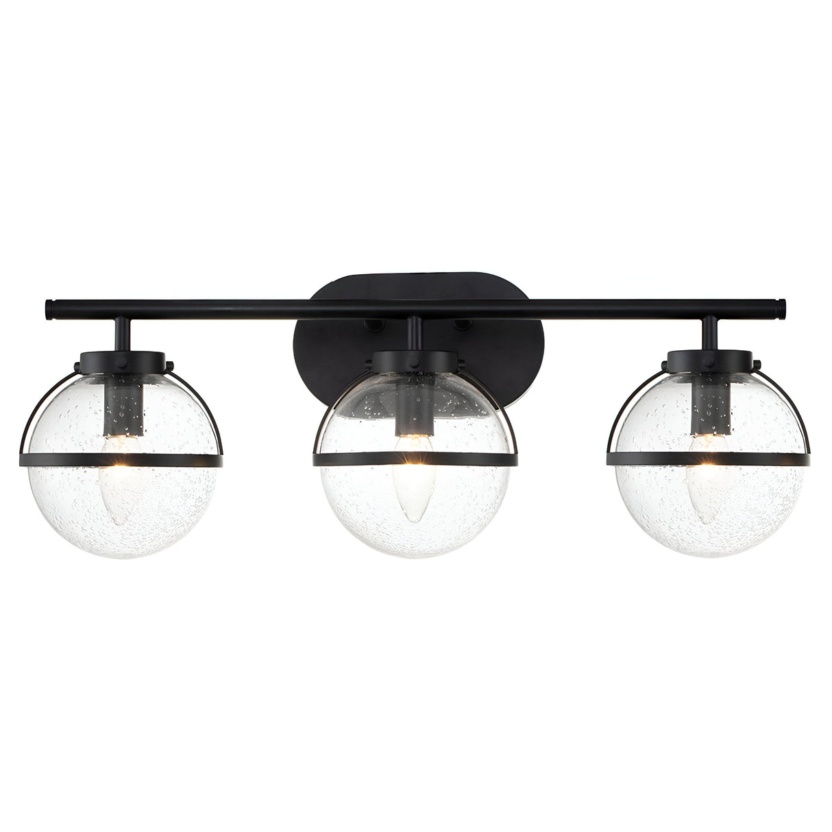 The Hollis 3 Light Wall Light - Black With Clear Glass showcases a contemporary Art Deco design with three spherical glass shades, each characterized by a speckled texture, mounted on a sleek black metal bar. This stylish fixture houses glowing bulbs that add elegance to any room's décor and is designed for easy wall installation.